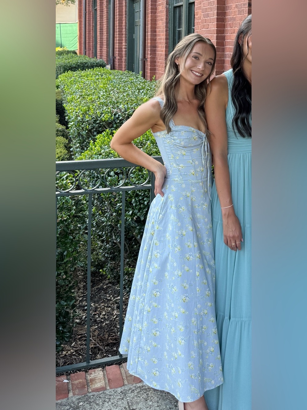 XS House of CB Pale Blue Floral Midi Dress with Yellow Accents